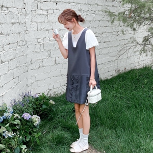 小个子设计感木耳边泡泡袖上衣背心裙女夏季韩系温柔风