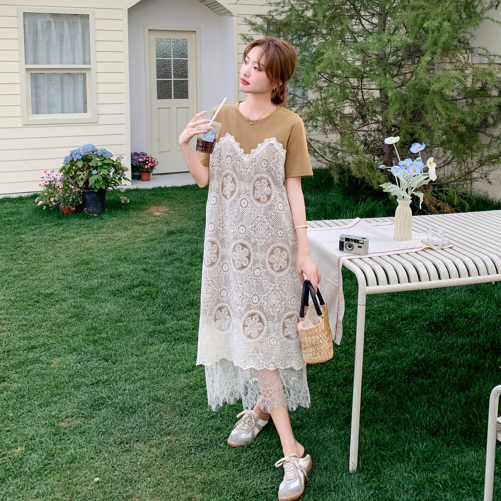 2025夏季新款时尚圆领拼蕾丝镂空连衣裙假两件中长款裙子潮,女装连衣裙,艾艾淮淮