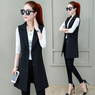 条纹西装马甲女中长款春秋2026新款修身大码马夹背心百搭时尚外套
