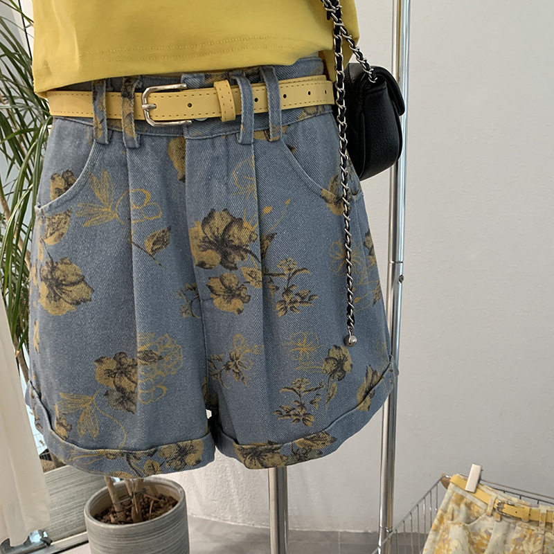 美式碎花牛仔短裤女夏复古街头时尚休闲百搭带腰带a字阔腿裤热裤