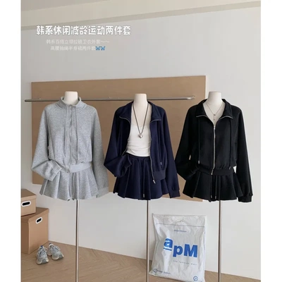 韩系拉链卫衣外套高腰百褶半身裙裤两件套女秋季穿搭套装裙