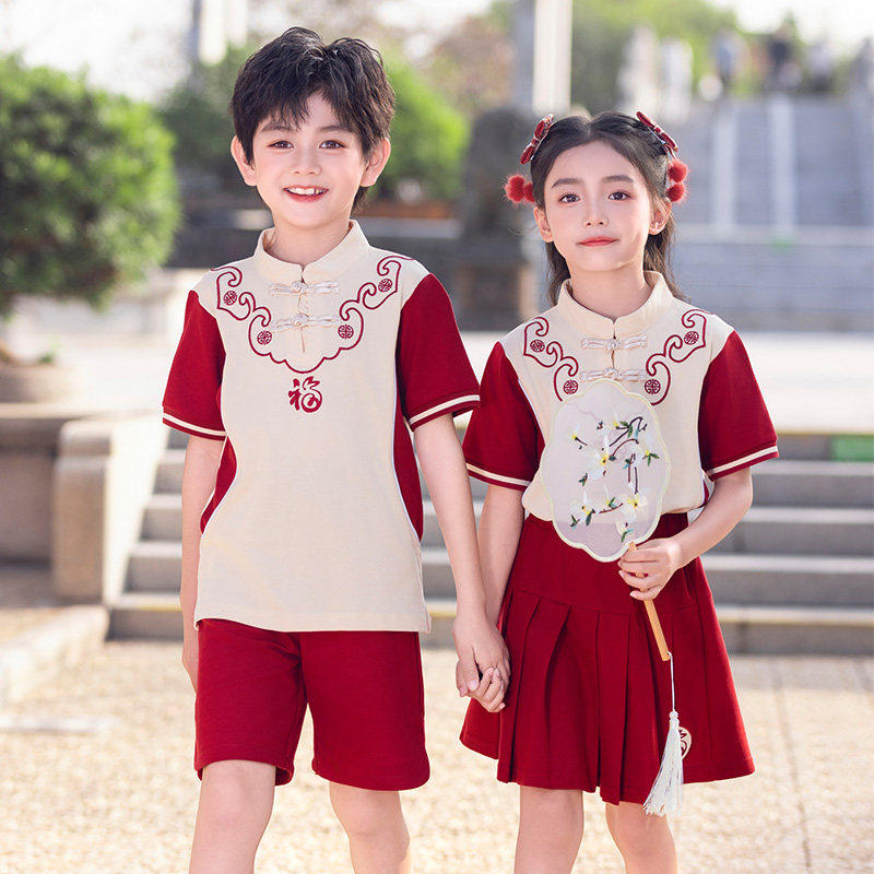 中国风夏季男女纯棉短袖上衣新中式洋气套装幼儿园园服小学生班服