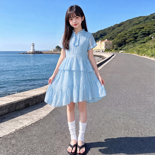 女童连衣裙夏季蓝色荷叶边套装裙2026新款甜美学院风收腰洋气裙子