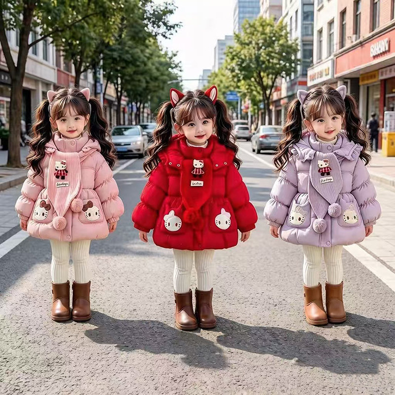 女童秋冬季宝宝卡通连帽加绒棉服
