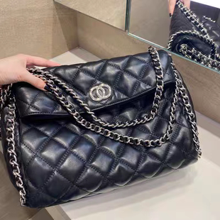 2024新款黑银双链条单肩斜挎包时尚复古枕头包小香风中古菱格包女