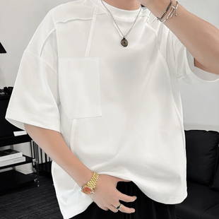 半袖 T恤男宽松休闲痞帅设计感纯色百搭打底衫 潮 潮流重磅短袖 夏季