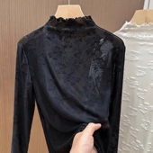 秋冬内搭蕾丝打底衫 2025新款 薄纱蝴蝶上衣木耳边半高领网纱女春装