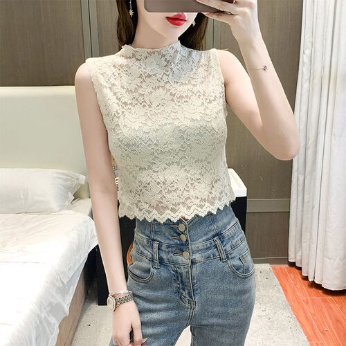蕾丝打底衫女内搭网纱薄款无袖半截短款高腰露脐半高领夏季上衣透