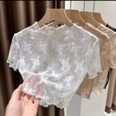 t恤性感纱衣镂空网纱上衣 女夏吊带裙内搭短袖 薄款 透明蕾丝打底衫