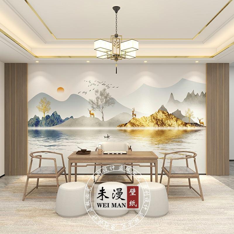 3d新中式金色山水麋鹿装饰壁画电视背景墙纸客厅沙发影视墙布壁纸图片