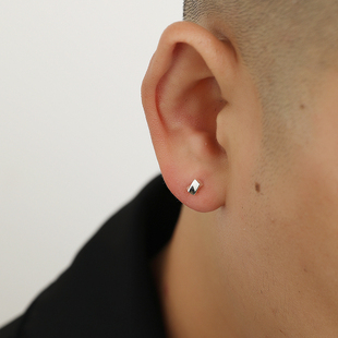 Yijian s925纯银耳钉男扭曲圆柱方块简约气质小巧女耳饰百搭街头