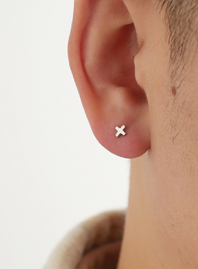 YiJianStudio s925纯银耳钉男生单只x字母光面十字ins百搭配饰