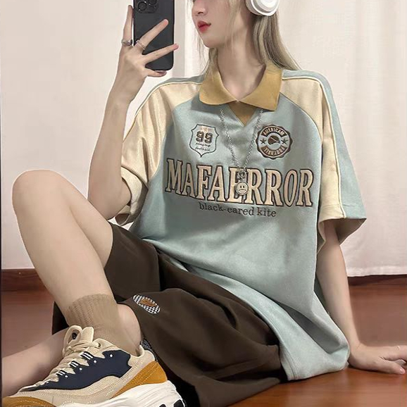 美式复古运动套装女夏季新款设计感小众宽松显瘦撞色学院风一整套