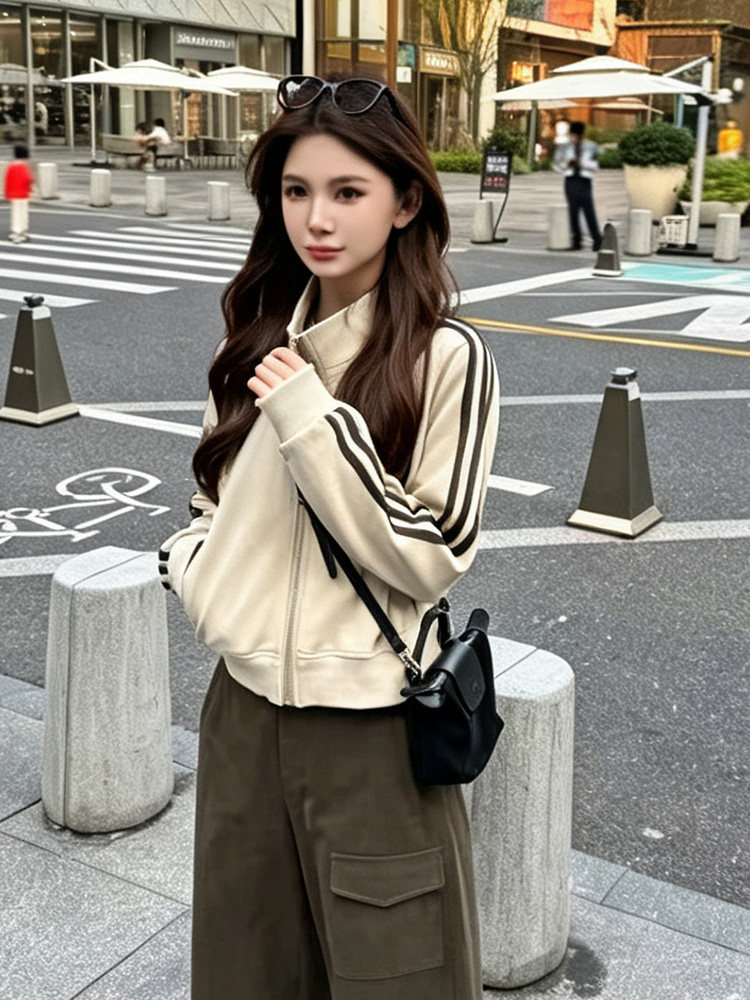 日系立领条纹外套女早春新款港味chic盐系棒球服宽松百搭短款上衣