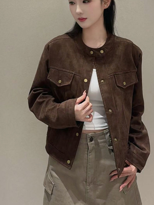美拉德咖色仿鹿皮绒外套女2026秋季款设计感小众小个子机车服上衣