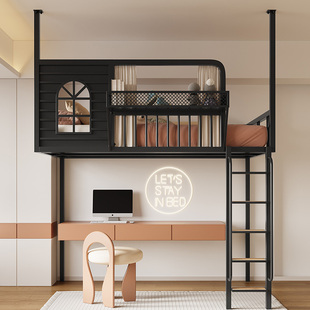 loft铁艺高架床单上层阁楼床简约省空间小户型床下桌公寓床铁架床