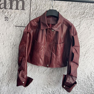 绵羊皮植鞣真皮皮衣女短款 时尚 夹克上衣外套 秋冬设计新款 真皮个性