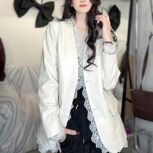 欧货2025早春新款时尚蕾丝边中长款西服外套绵羊皮真皮皮衣女宽松