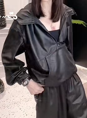 真皮连帽短款宽松显瘦皮衣女款