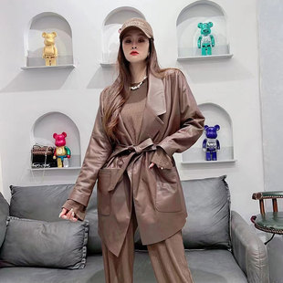 西装领腰带宽松遮肉绵羊皮风衣 新款真皮皮衣中长款外套西装大衣