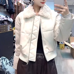 白色毛领皮毛一体羽绒服女短款真皮皮衣外套百搭高级感小个子上衣