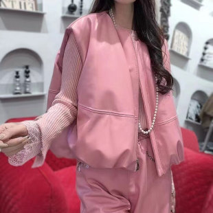 欧货秋冬新款真皮羽绒马甲外套女绵羊皮宽松休闲无袖坎肩皮衣外套