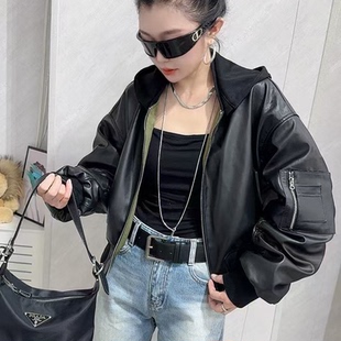 欧货2025春季新款真皮皮衣女短款连帽双面穿夹克韩版休闲宽松外套
