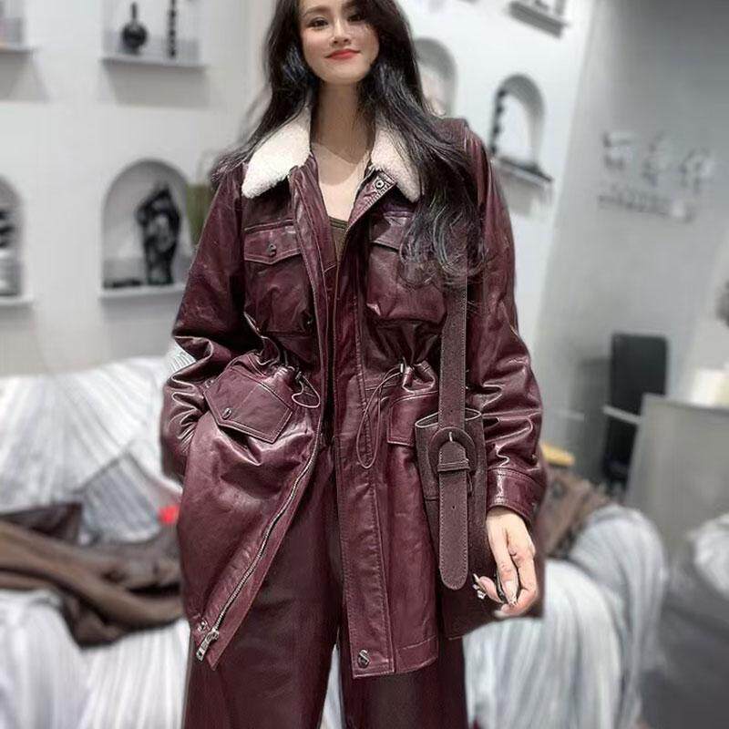 网红同款真皮羽绒皮衣女绵羊皮休闲羊毛毛领宽松棒球服大码外套