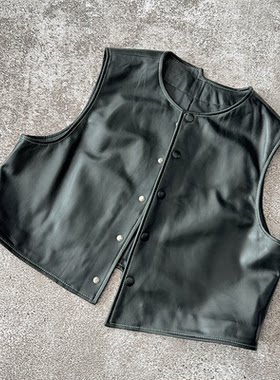 真皮绵羊皮短款排扣马甲女百搭