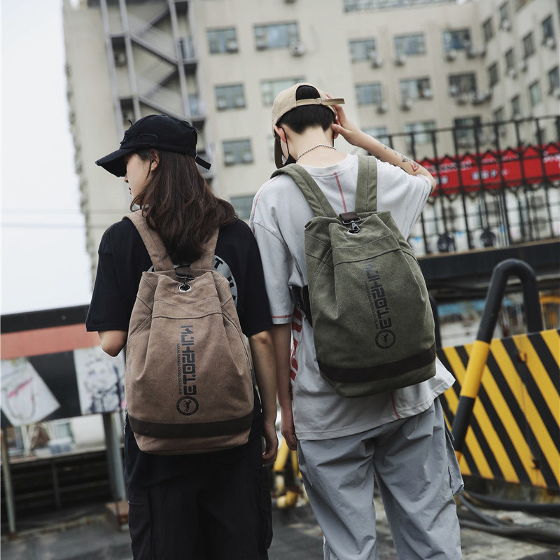 2023帆布水桶包韩版双肩大容量背包女休闲包男学生书包学院风复古