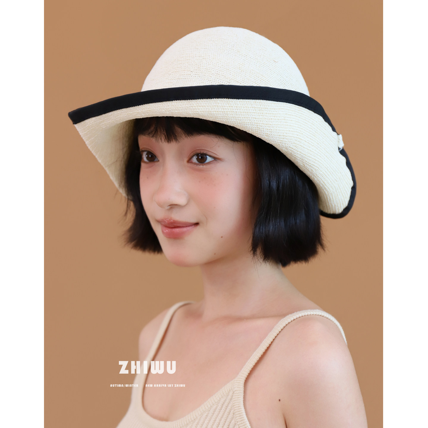 ZHIWU~夏季时髦不规则绑带渔夫帽女海边度假防晒帽大檐遮阳帽装饰