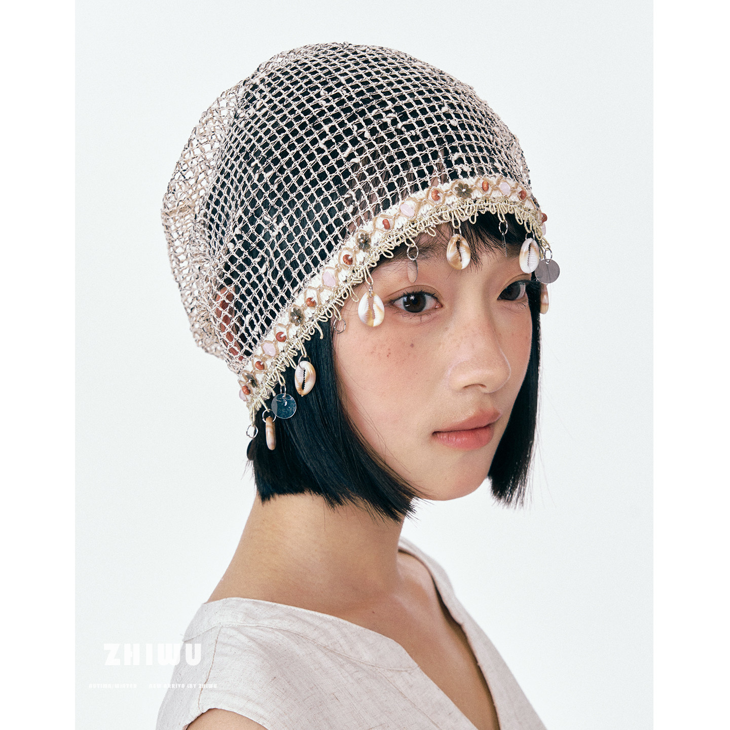 ZHIWU~春夏氛围感波西米亚风贝壳吊坠镂空堆堆帽女显脸小套头帽子