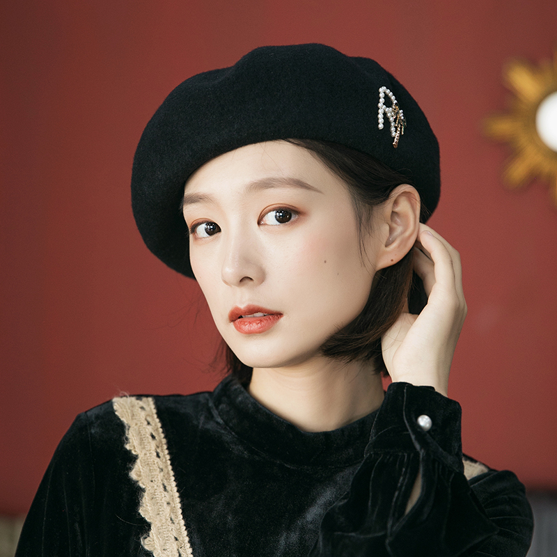 贝雷帽女秋冬复古英伦羊毛蓓蕾帽韩版百搭休闲黑色画家帽毛呢帽潮