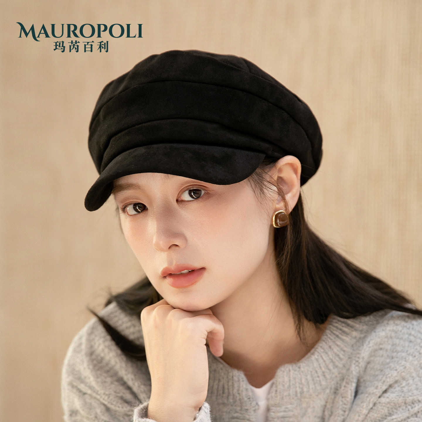黑色复古报童帽女麂皮八角鸭舌帽