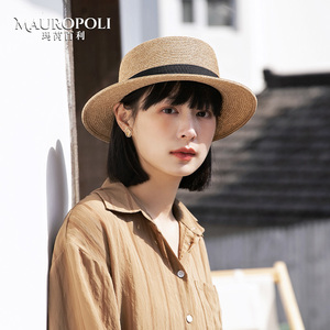 编织草帽女夏款度假风防晒帽子法式海边休闲草编平顶帽平檐遮阳帽