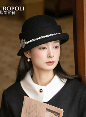 法式赫本风羊毛礼帽女留洋千金帽秋冬帽子女款显脸小卷边渔夫帽