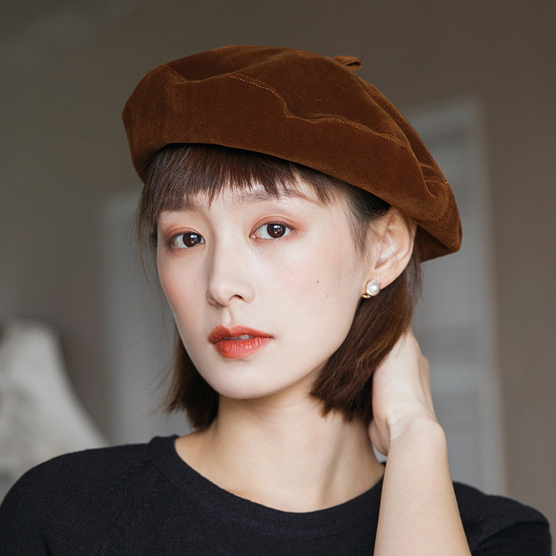 鹿皮绒韩版百搭蓓蕾纯色画家帽子