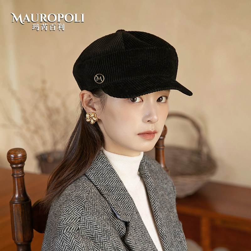 鸭舌帽女秋冬季灯芯绒纯棉报童帽