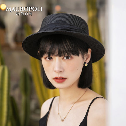 黑色草帽女款夏季法式复古平顶礼帽度假风编织遮阳帽新款防晒帽子