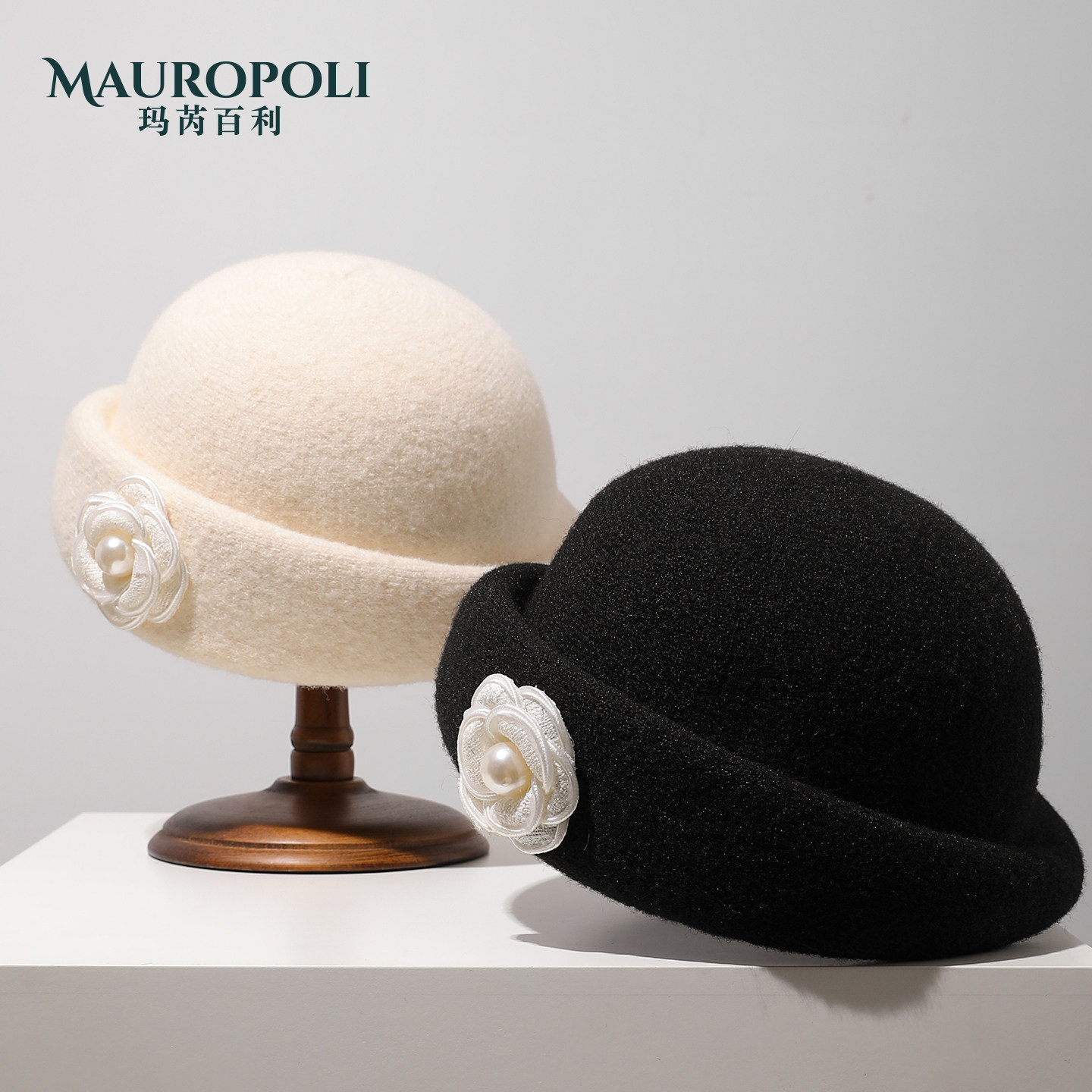 法式卷边羊毛礼帽女复古珍珠帽子