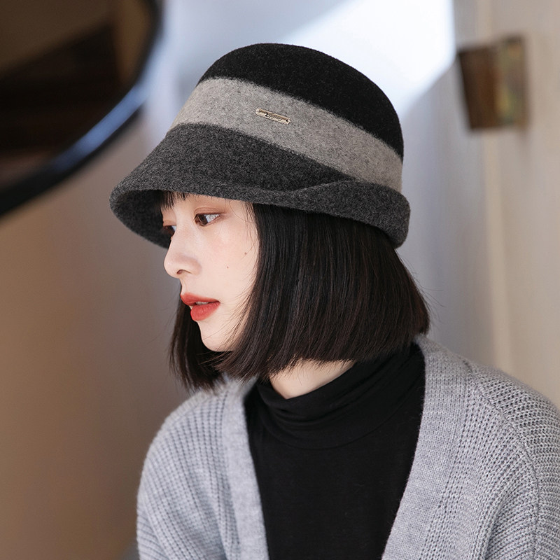 渔夫帽女羊毛羊毛拼色秋冬