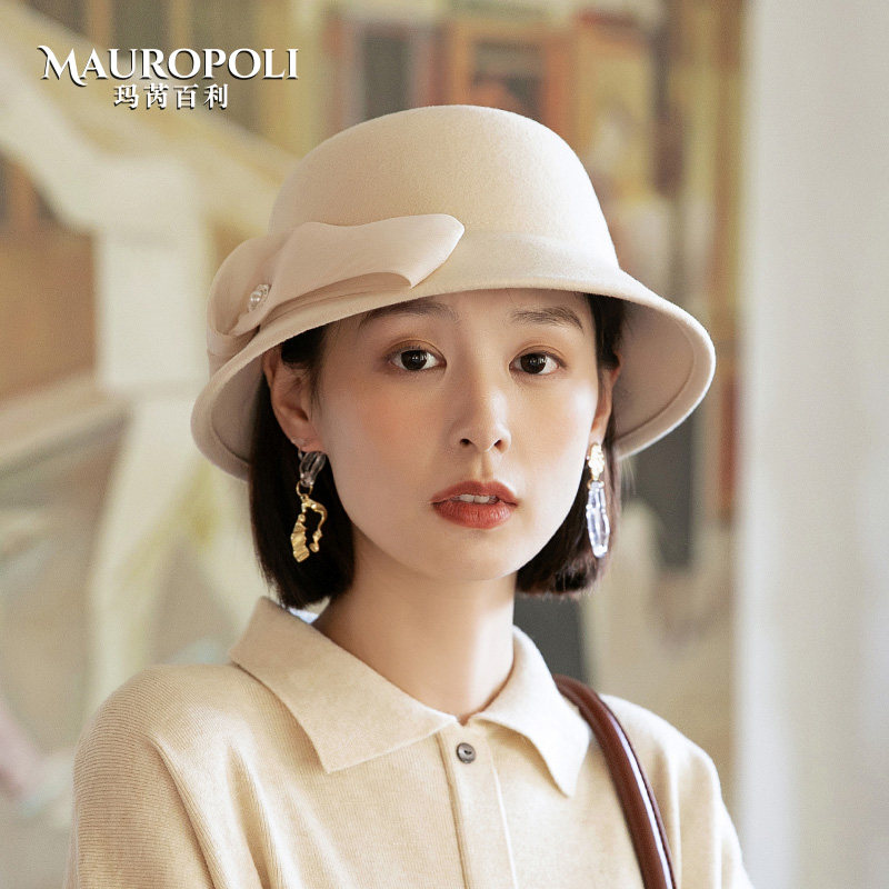 mauropoli羊毛渔夫帽优雅女秋冬
