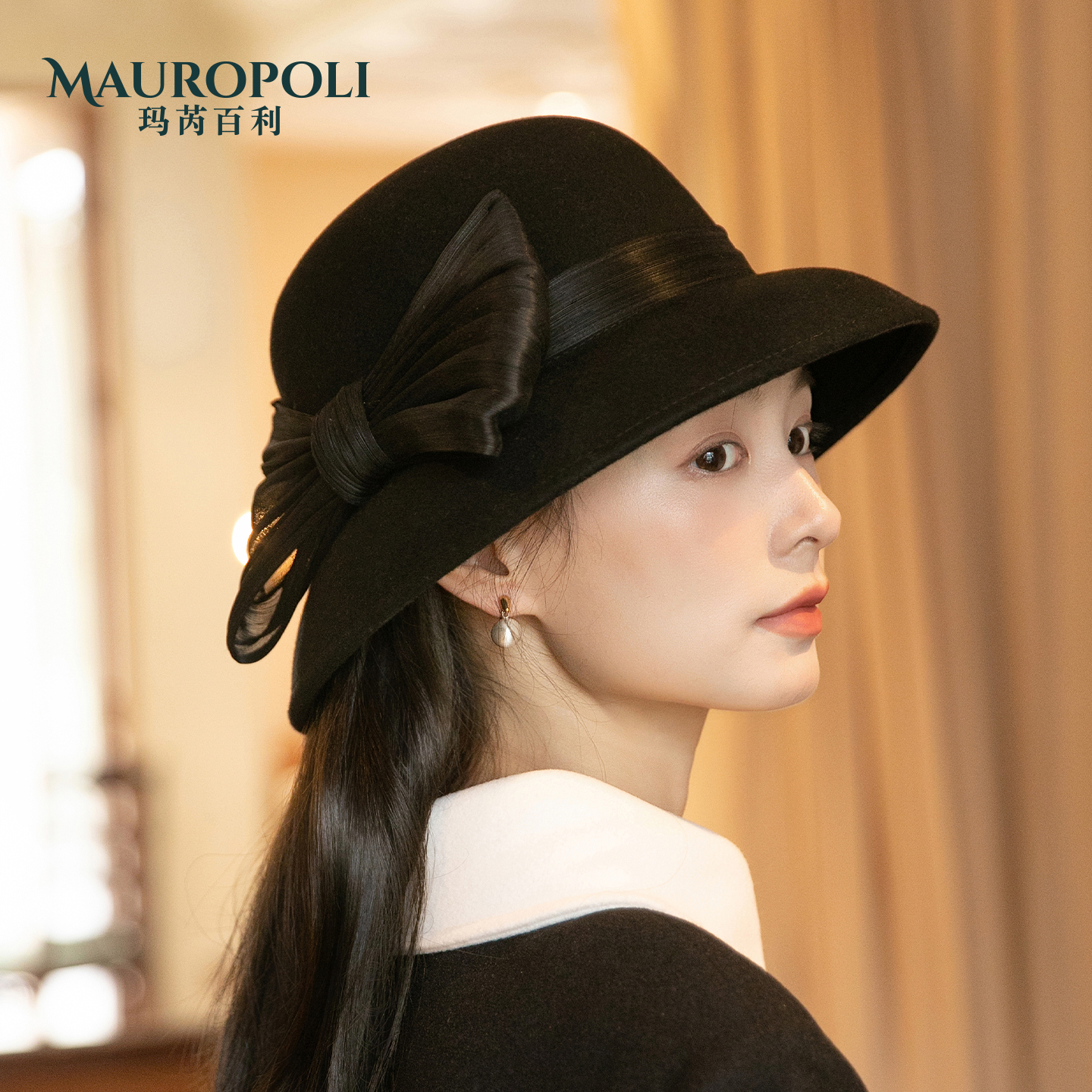 100%黑色羊毛礼帽女法式赫本风