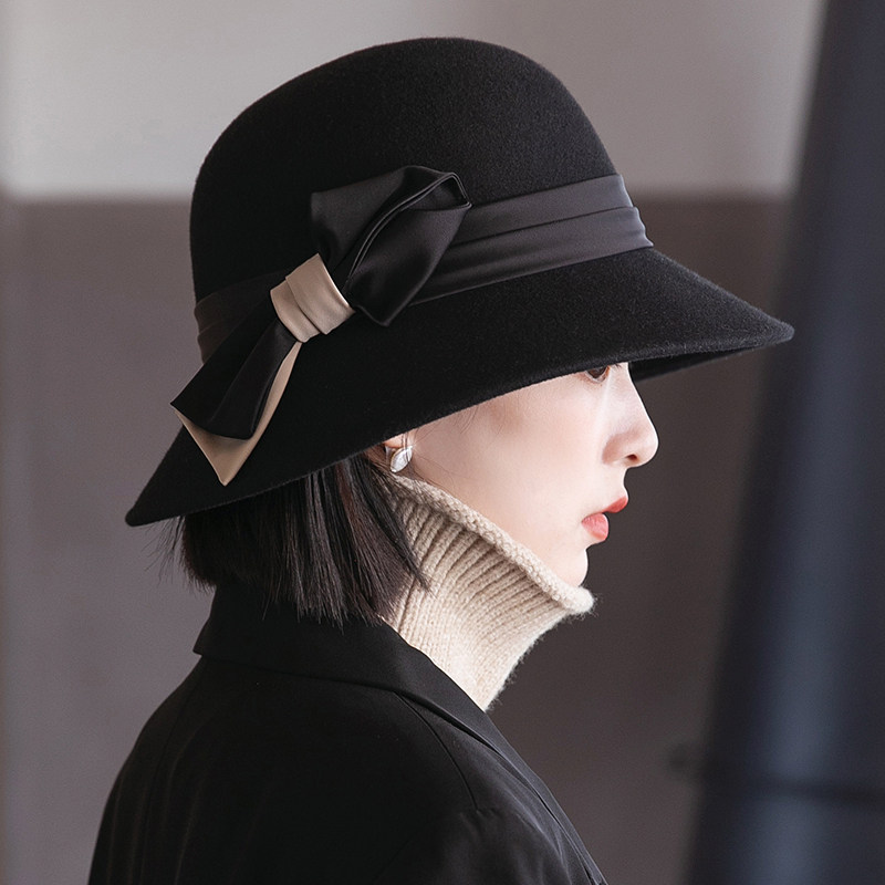 毡帽女秋冬羊毛新款黑色礼帽复古时尚百搭渔夫帽毛呢盆帽帽子女冬