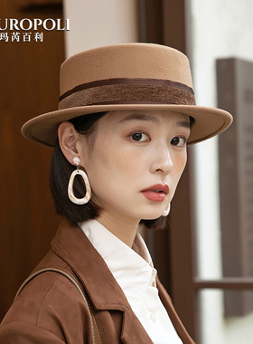 法式复古平顶礼帽女时尚秋冬季羊毛毡帽赫本风女士款2025新款帽子