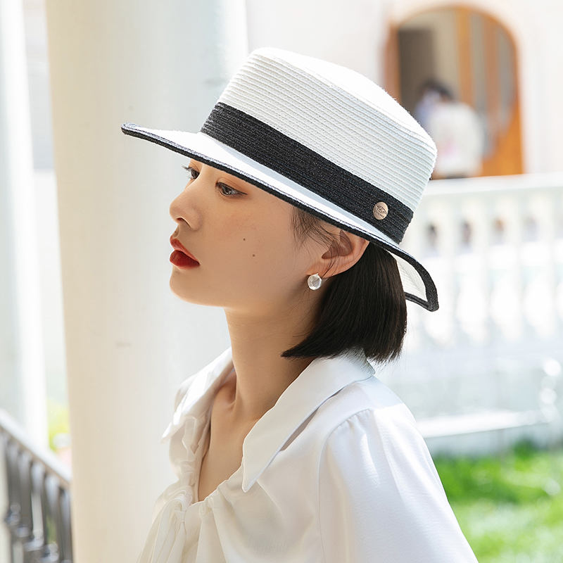 遮阳帽女夏新款优雅复古针织平顶礼帽时尚防晒太阳帽春秋平檐帽子