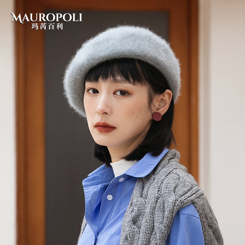 灰色贝雷帽女秋冬针织兔毛画家帽