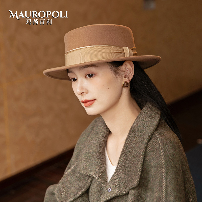 礼帽女秋冬纯羊毛平顶平檐毡帽