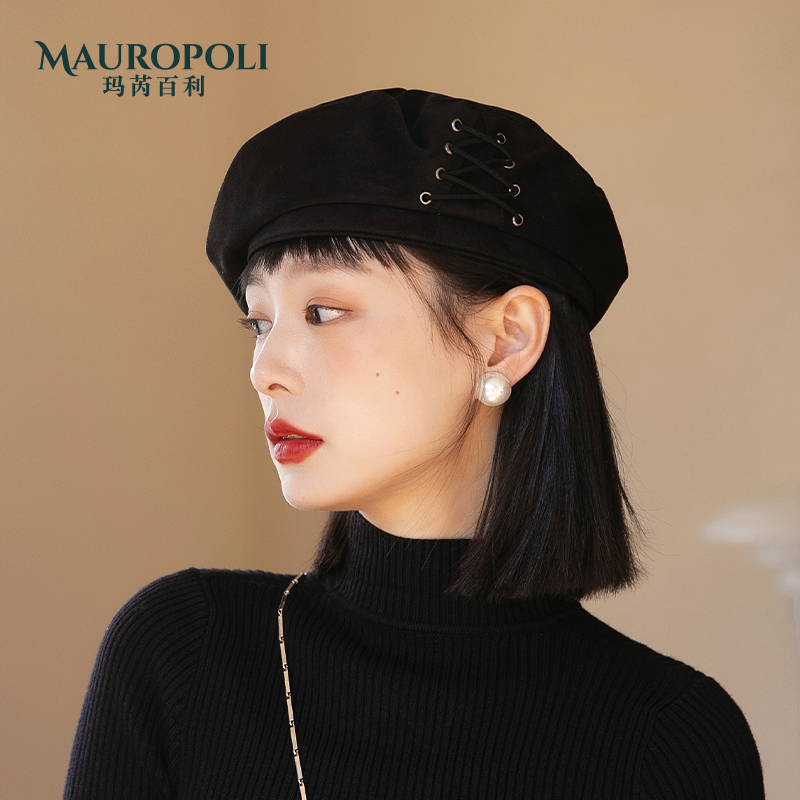 贝雷帽女秋冬新款韩版绑带画家帽时尚复古黑色蓓蕾帽春秋女款帽子