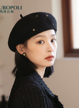 新款羊毛呢帽子贝雷帽女秋冬季韩版蓓蕾帽黑色时尚名媛画家帽潮流